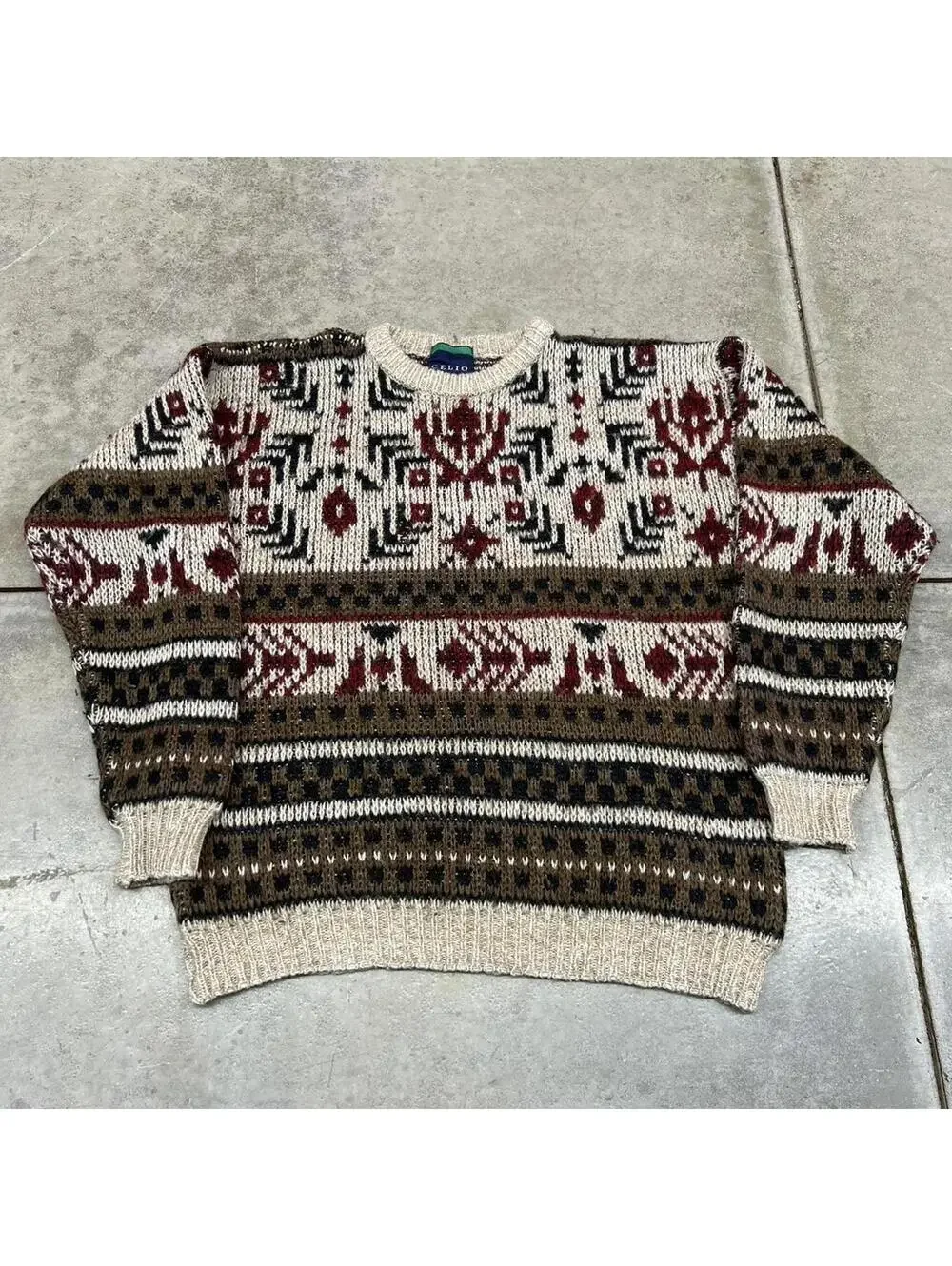 vintage grey burgandy and beige striped knit sweater size large HAS HOLE